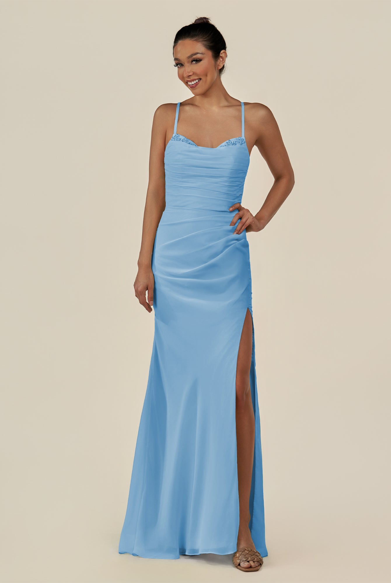 KissDress-Myka Steel Blue Sheath Chiffon Spaghetti Straps Long Bridesmaid Dress with Sequins