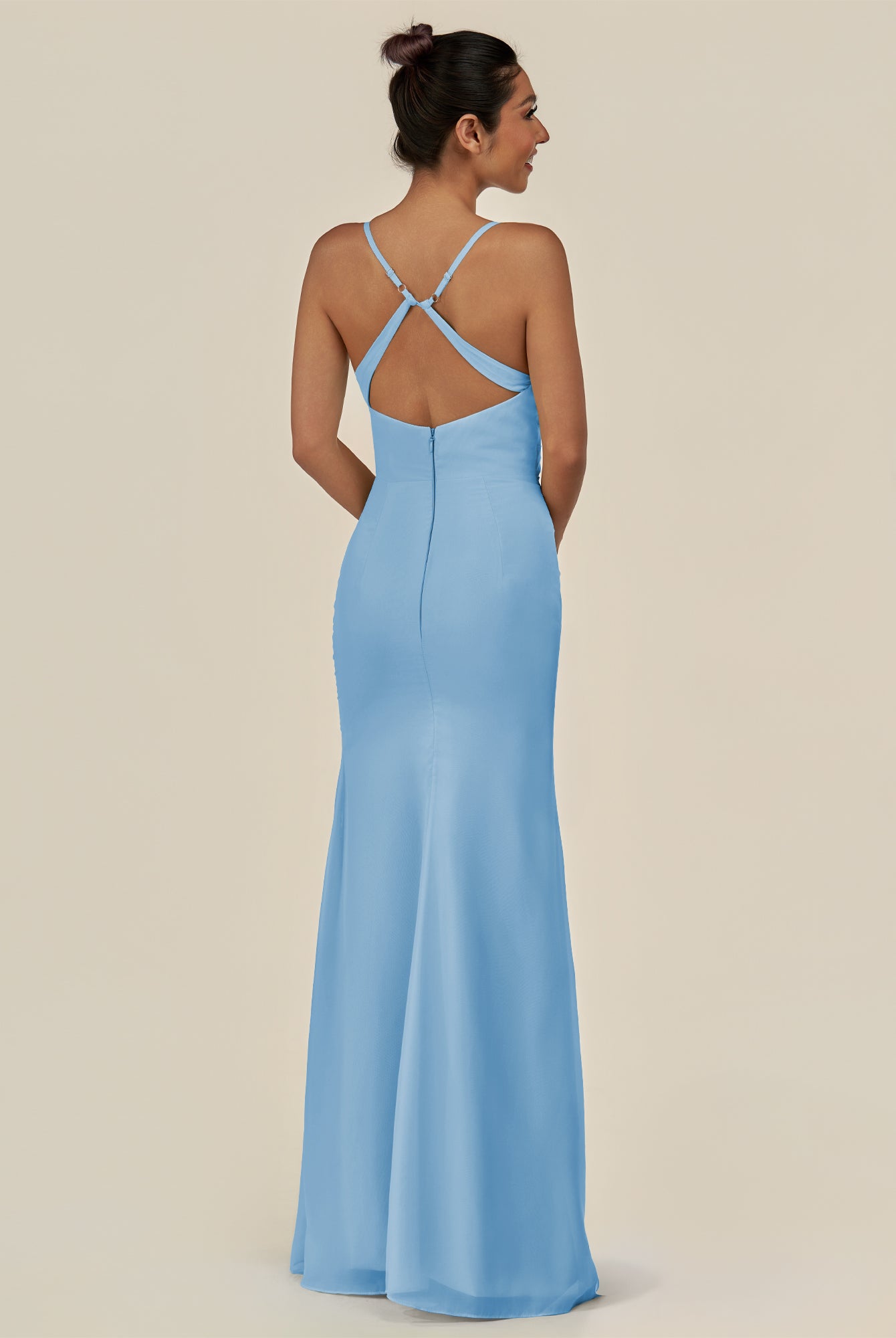 KissDress-Myka Steel Blue Sheath Chiffon Spaghetti Straps Long Bridesmaid Dress with Sequins