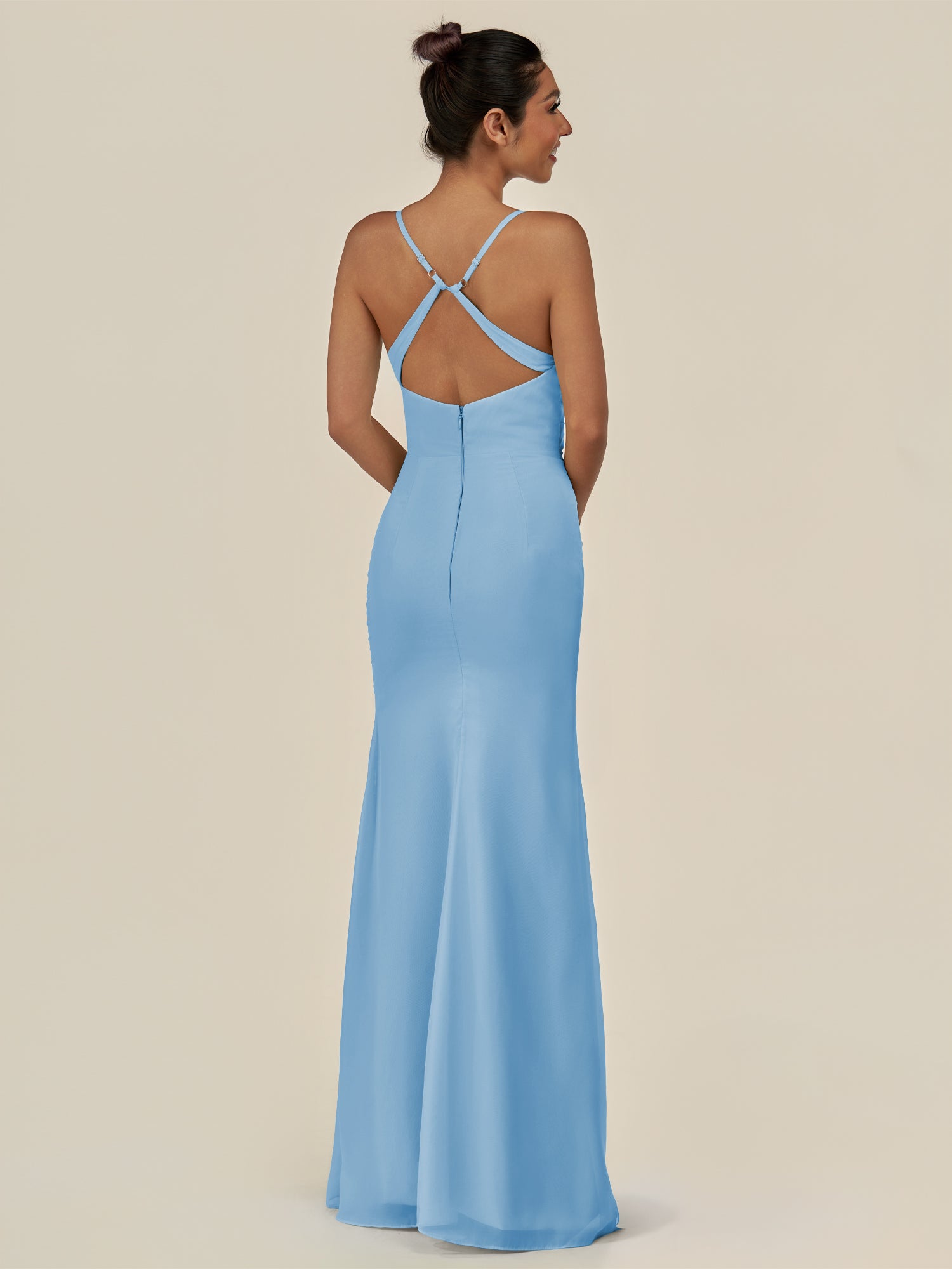 KissDress-Myka Steel Blue Sheath Chiffon Spaghetti Straps Long Bridesmaid Dress with Sequins
