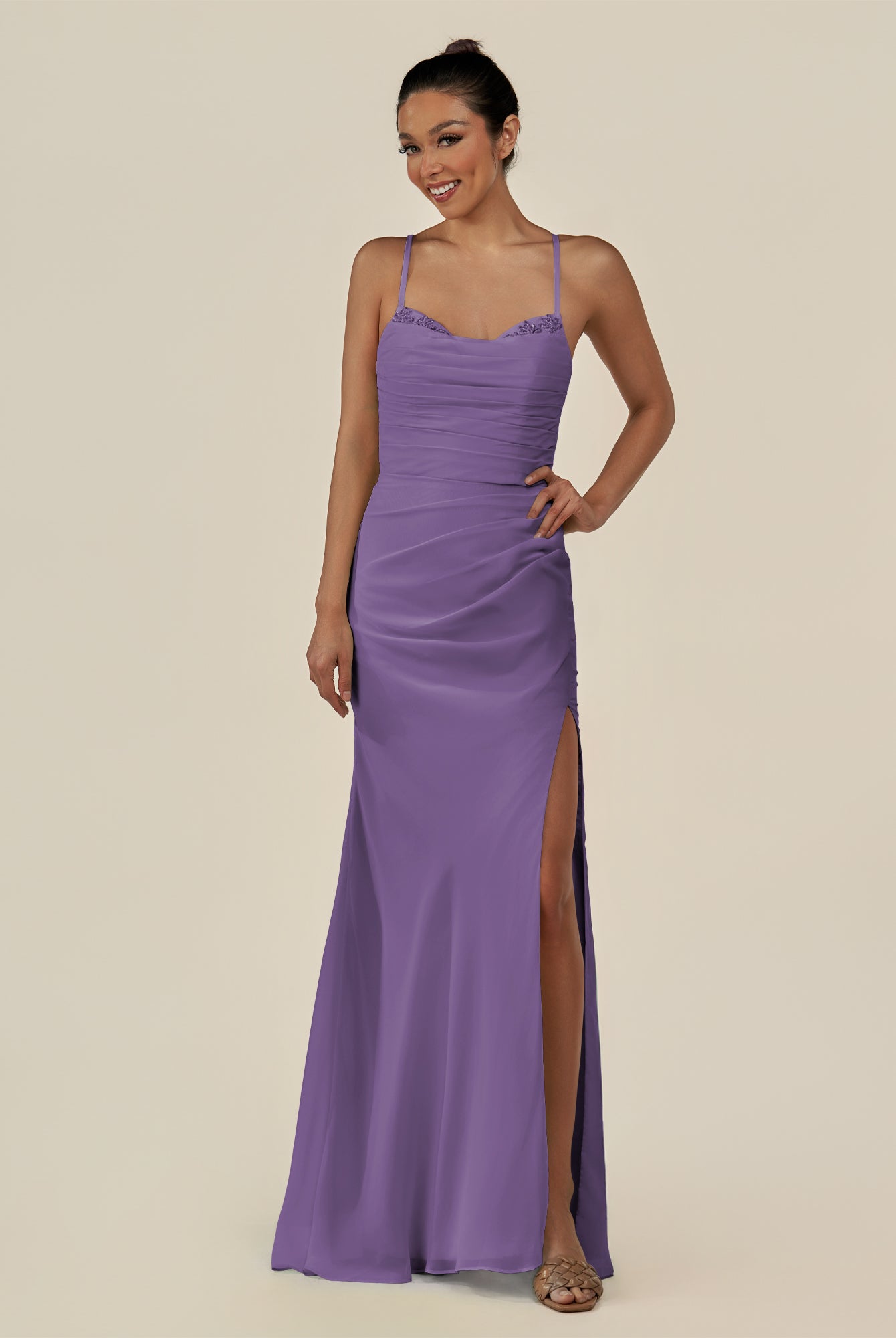 KissDress-Myka Tahiti Sheath Chiffon Spaghetti Straps Long Bridesmaid Dress with Sequins
