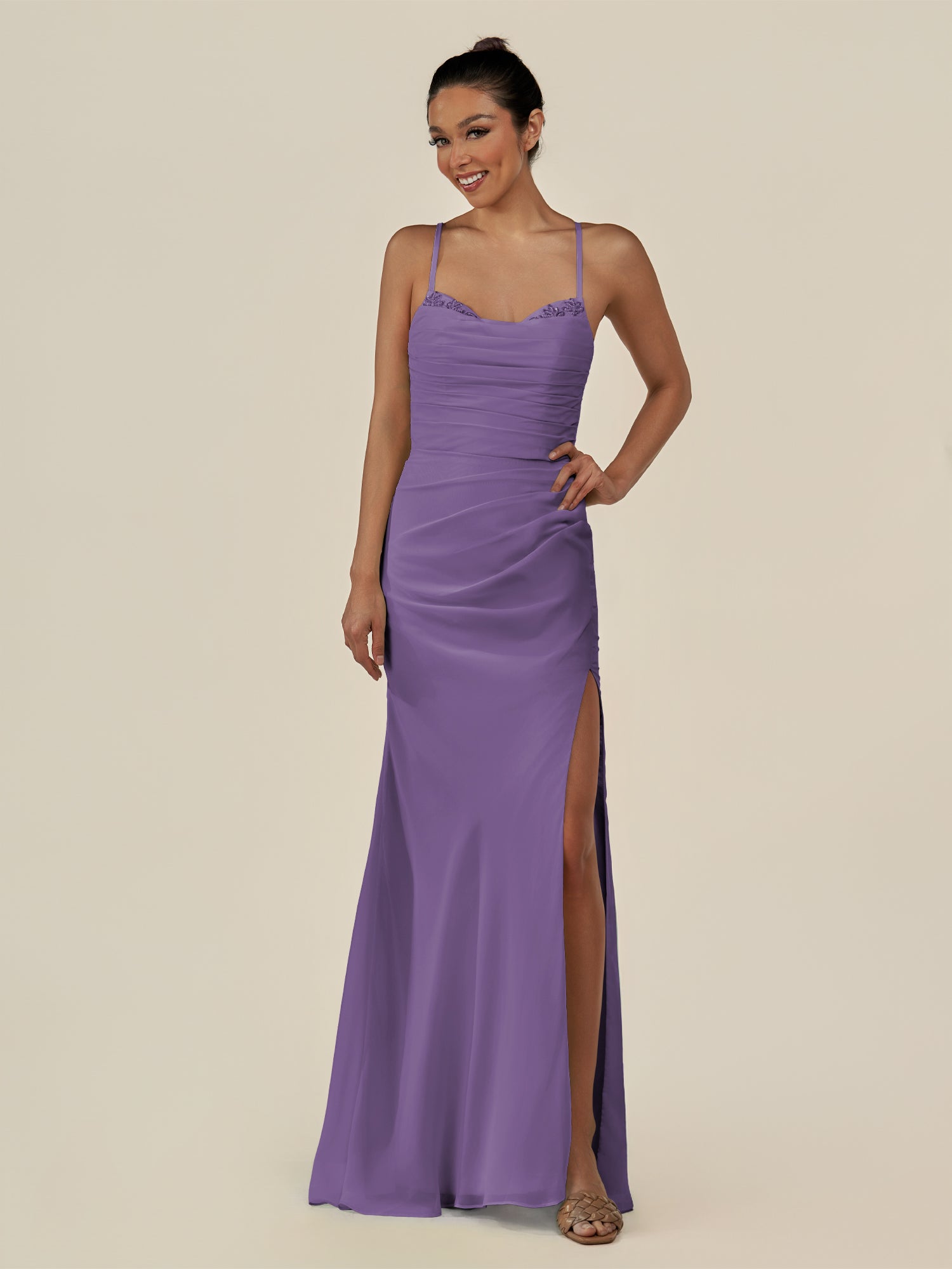 KissDress-Myka Tahiti Sheath Chiffon Spaghetti Straps Long Bridesmaid Dress with Sequins