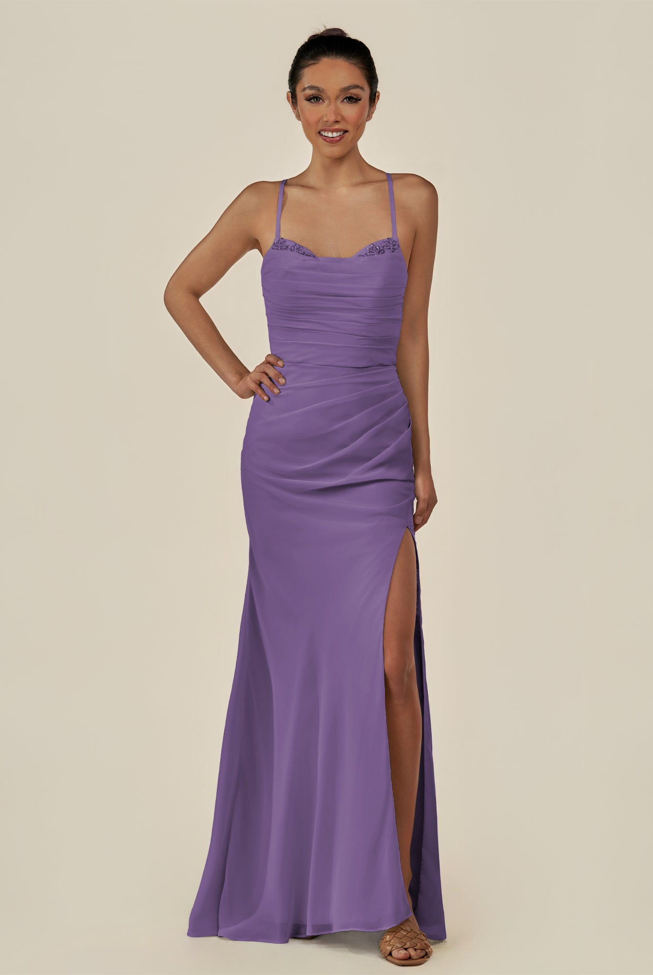 KissDress-Myka Tahiti Sheath Chiffon Spaghetti Straps Long Bridesmaid Dress with Sequins