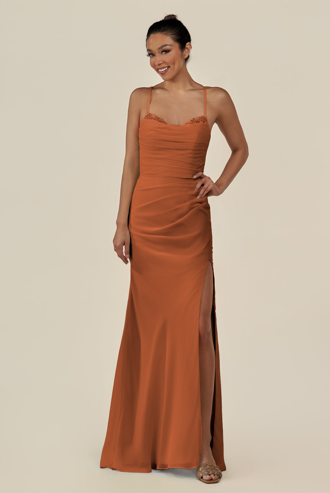 KissDress-Myka Terracotta Sheath Chiffon Spaghetti Straps Long Bridesmaid Dress with Sequins