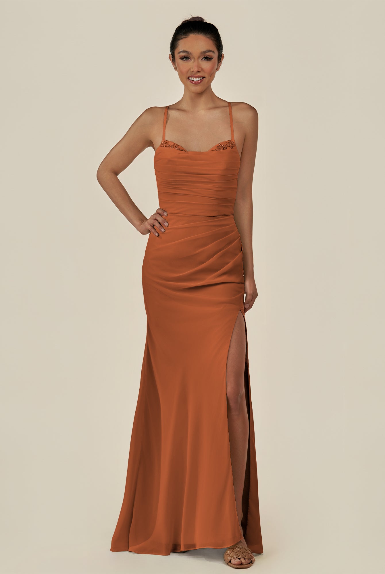 KissDress-Myka Terracotta Sheath Chiffon Spaghetti Straps Long Bridesmaid Dress with Sequins