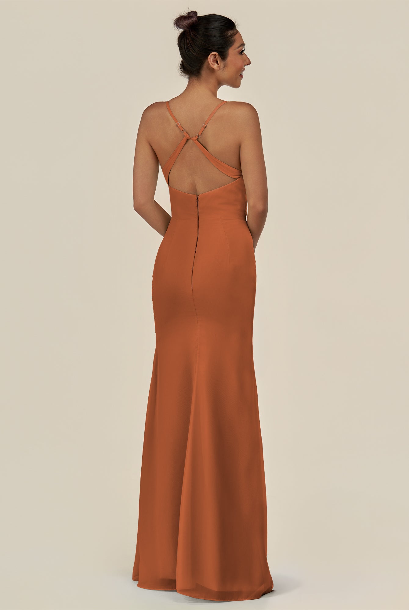 KissDress-Myka Terracotta Sheath Chiffon Spaghetti Straps Long Bridesmaid Dress with Sequins