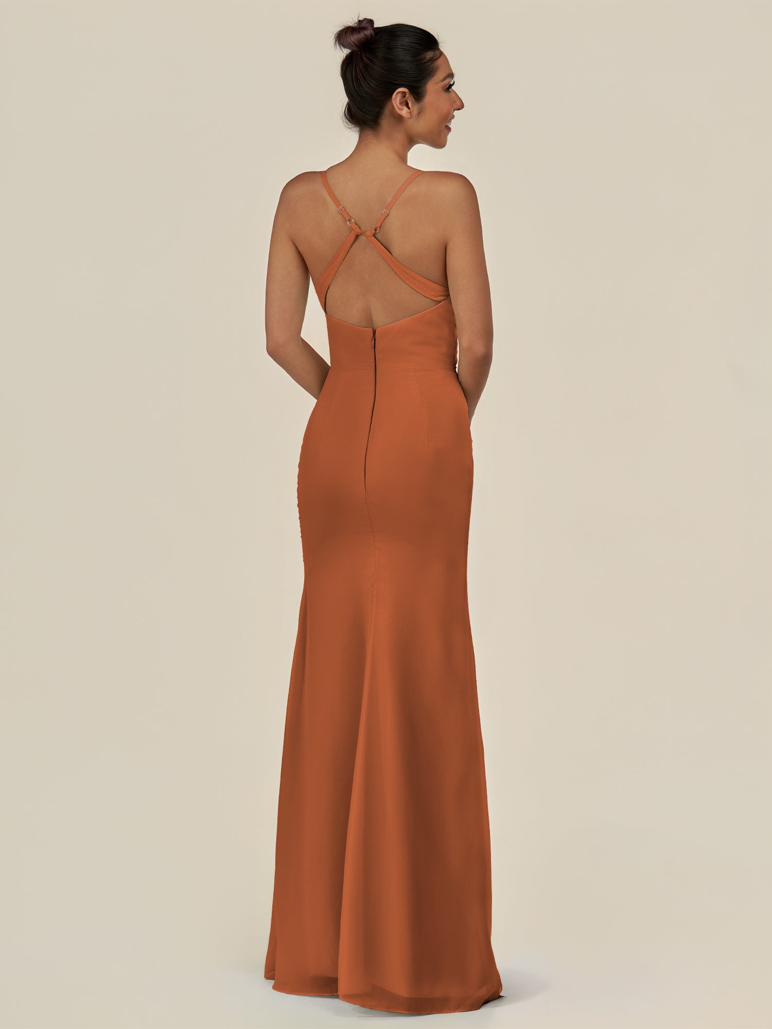 KissDress-Myka Terracotta Sheath Chiffon Spaghetti Straps Long Bridesmaid Dress with Sequins