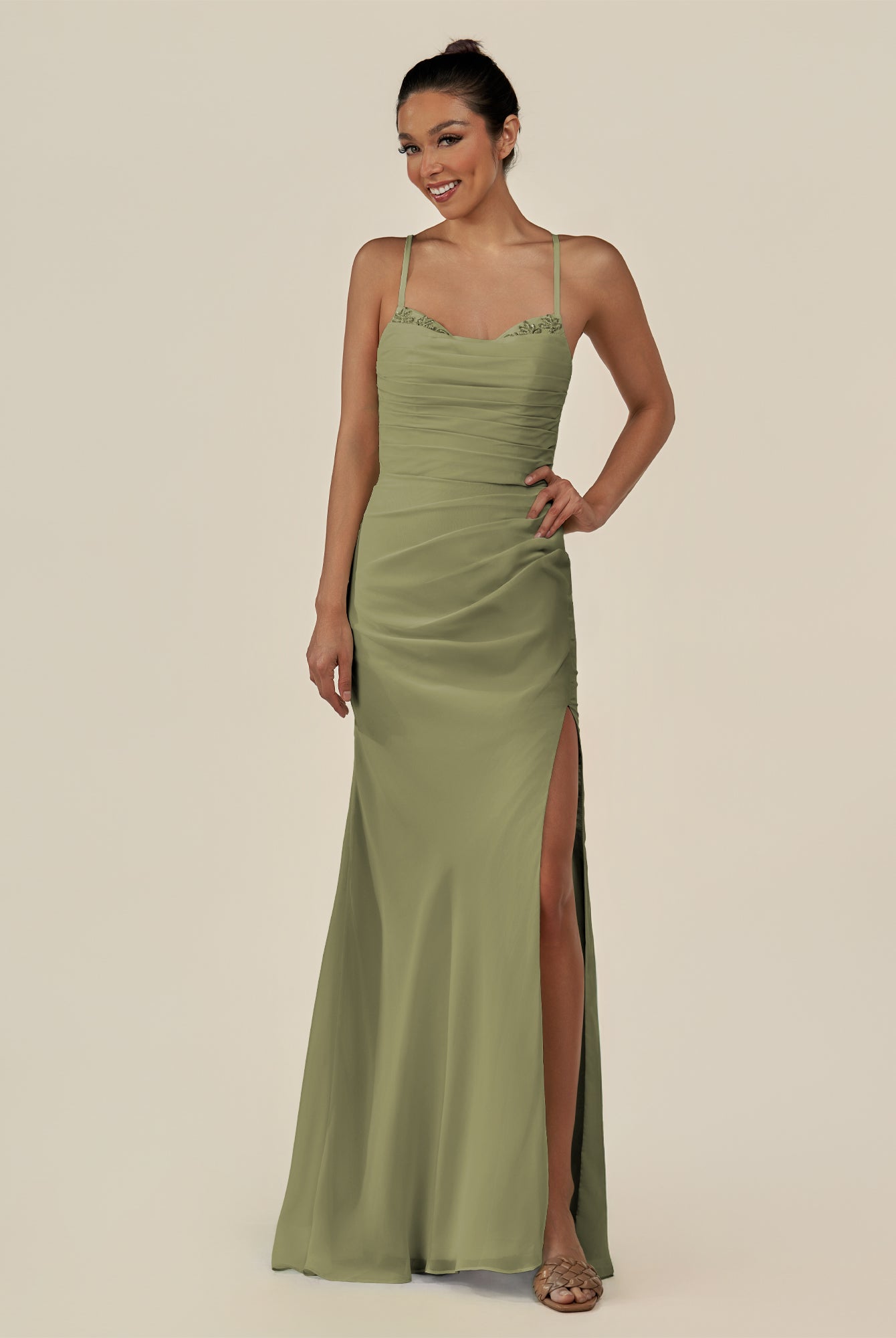 KissDress-Myka Thyme Sheath Chiffon Spaghetti Straps Long Bridesmaid Dress with Sequins