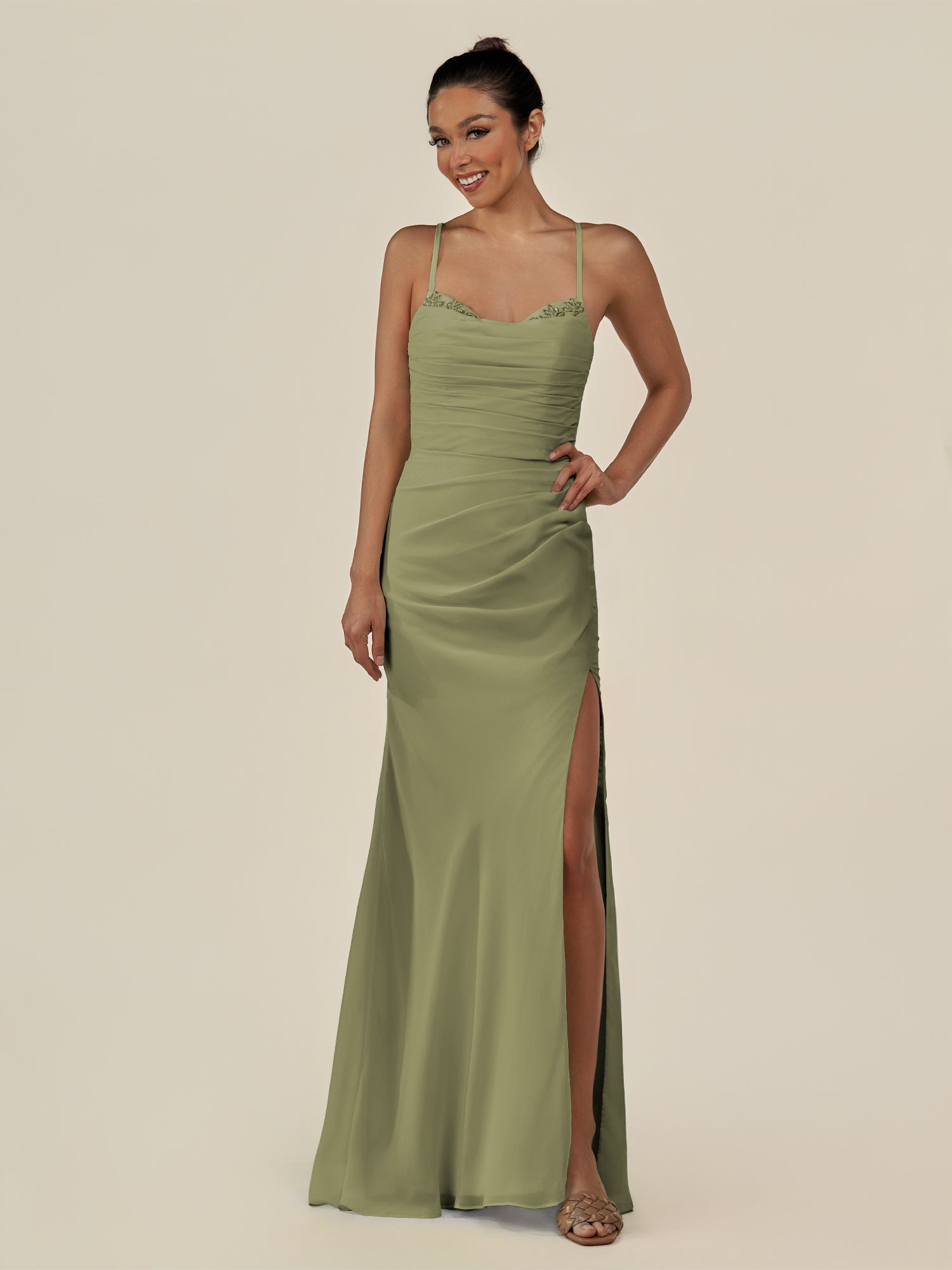 KissDress-Myka Thyme Sheath Chiffon Spaghetti Straps Long Bridesmaid Dress with Sequins
