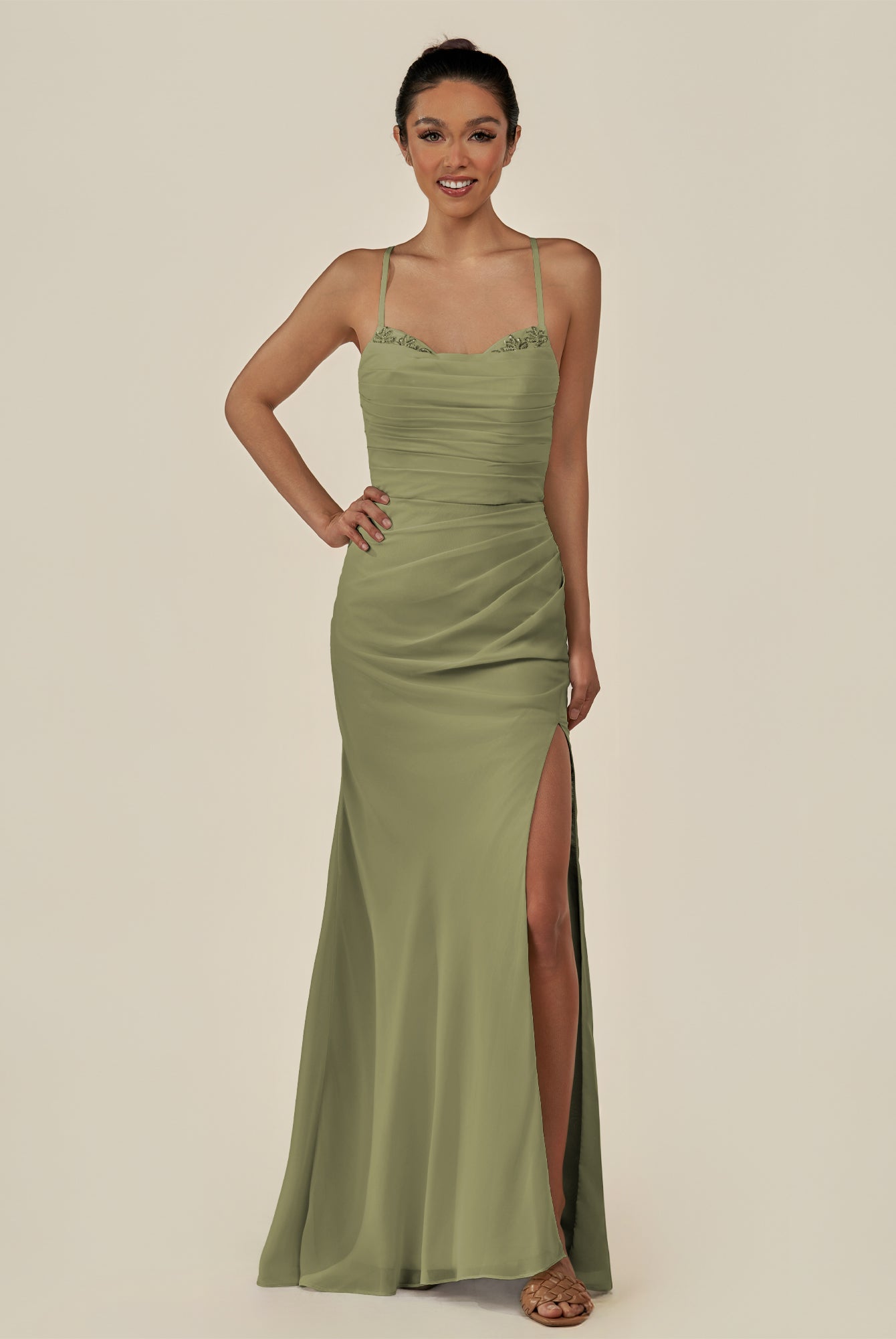 KissDress-Myka Thyme Sheath Chiffon Spaghetti Straps Long Bridesmaid Dress with Sequins