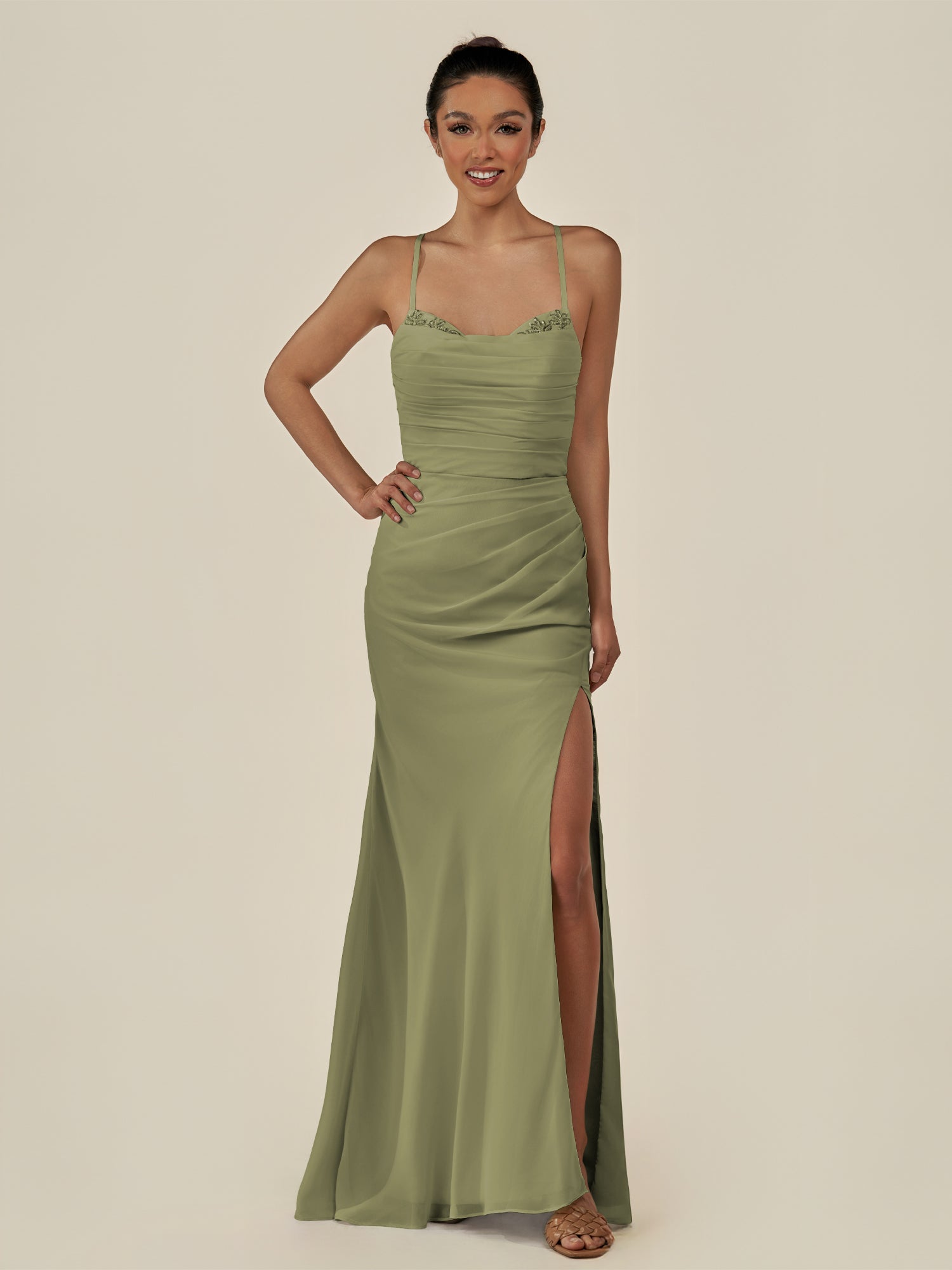 KissDress-Myka Thyme Sheath Chiffon Spaghetti Straps Long Bridesmaid Dress with Sequins
