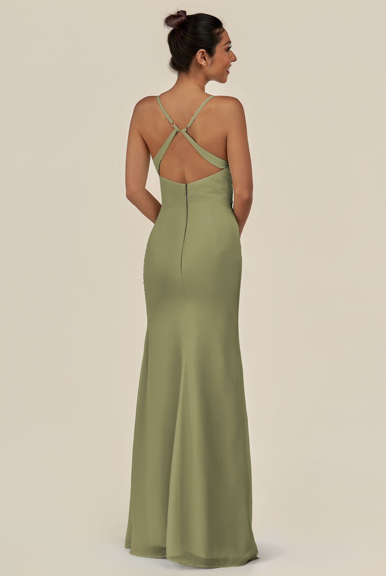 KissDress-Myka Thyme Sheath Chiffon Spaghetti Straps Long Bridesmaid Dress with Sequins