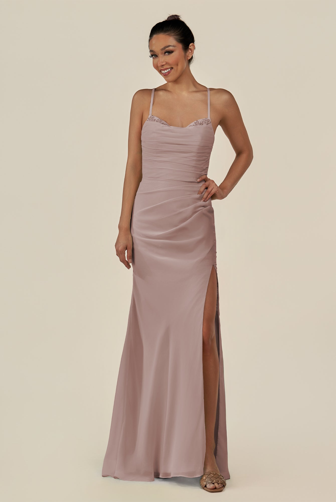 KissDress-Myka Toffee Sheath Chiffon Spaghetti Straps Long Bridesmaid Dress with Sequins