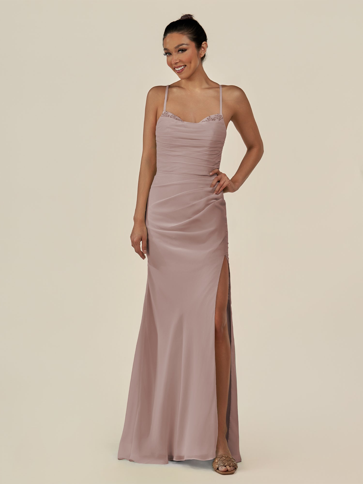 KissDress-Myka Toffee Sheath Chiffon Spaghetti Straps Long Bridesmaid Dress with Sequins