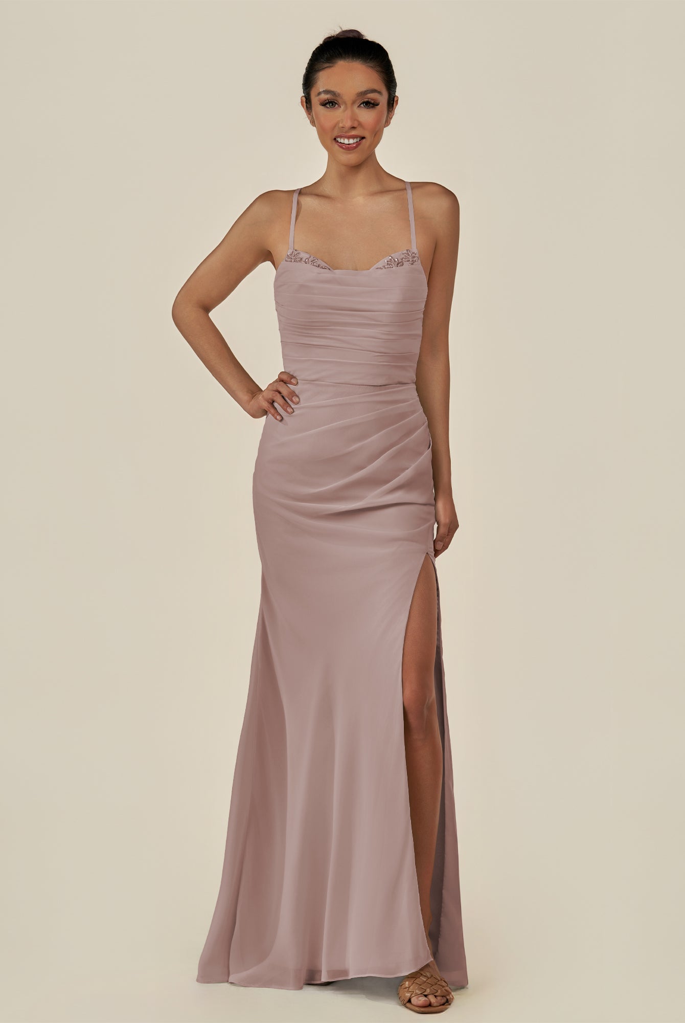 KissDress-Myka Toffee Sheath Chiffon Spaghetti Straps Long Bridesmaid Dress with Sequins