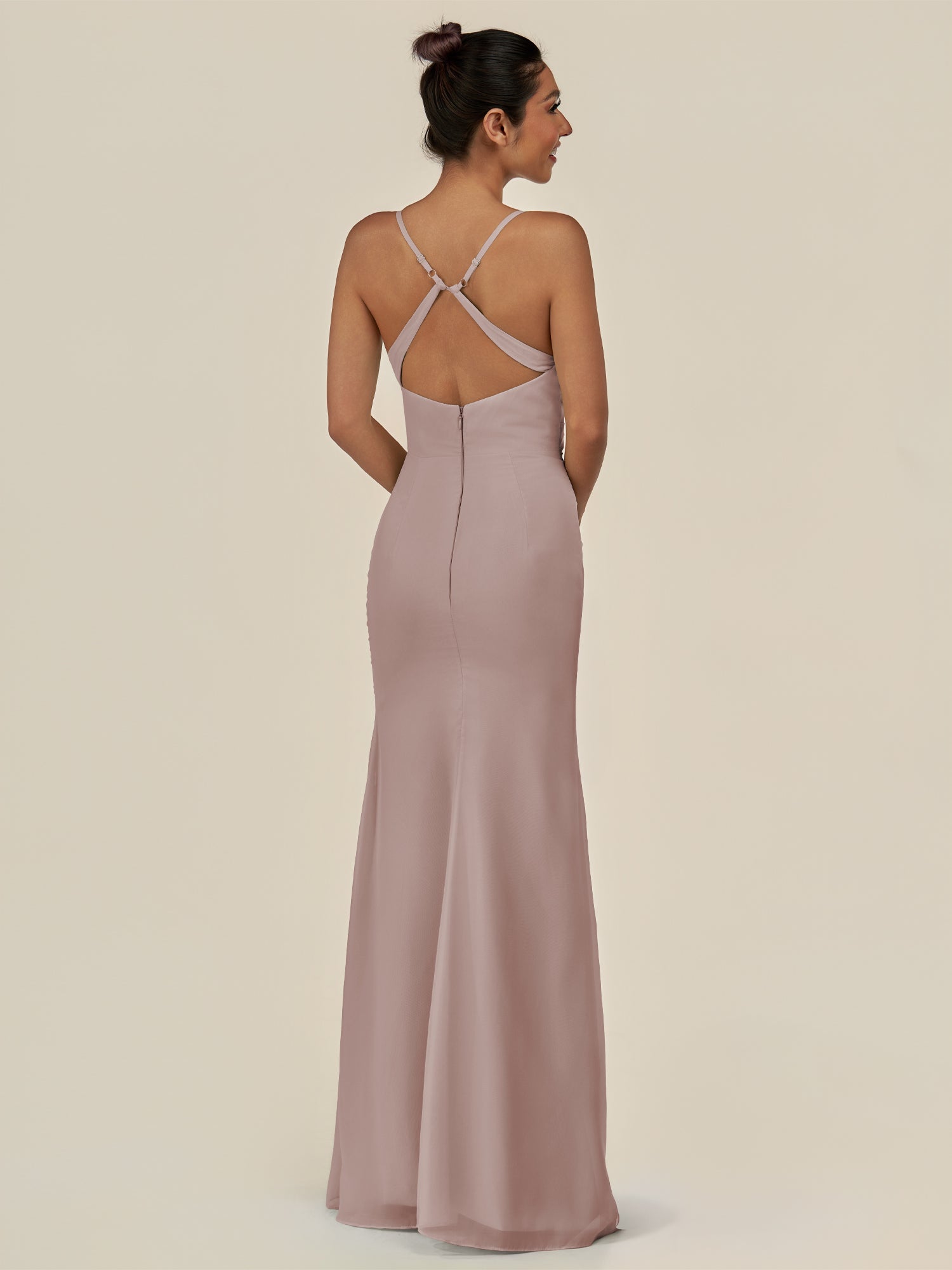 KissDress-Myka Toffee Sheath Chiffon Spaghetti Straps Long Bridesmaid Dress with Sequins