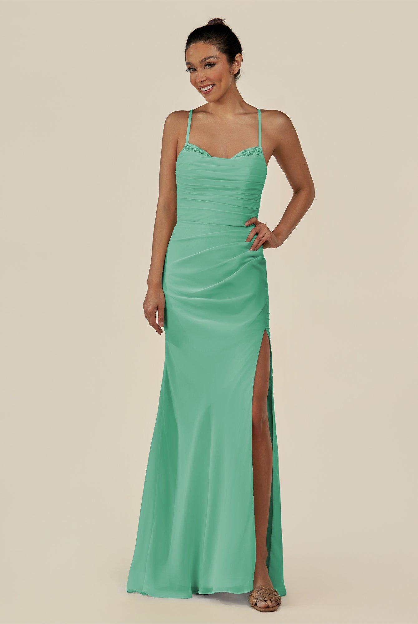 KissDress-Myka Turquoise Sheath Chiffon Spaghetti Straps Long Bridesmaid Dress with Sequins