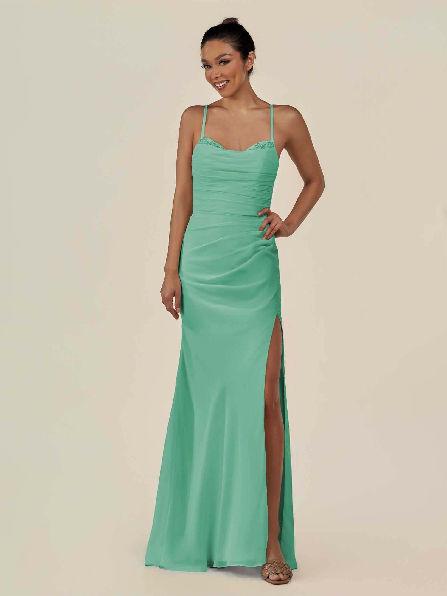 KissDress-Myka Turquoise Sheath Chiffon Spaghetti Straps Long Bridesmaid Dress with Sequins