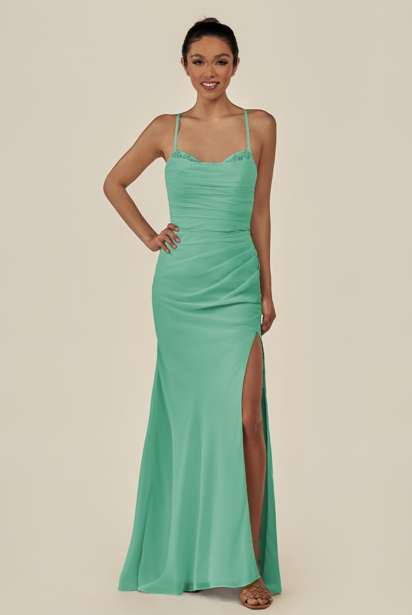 KissDress-Myka Turquoise Sheath Chiffon Spaghetti Straps Long Bridesmaid Dress with Sequins