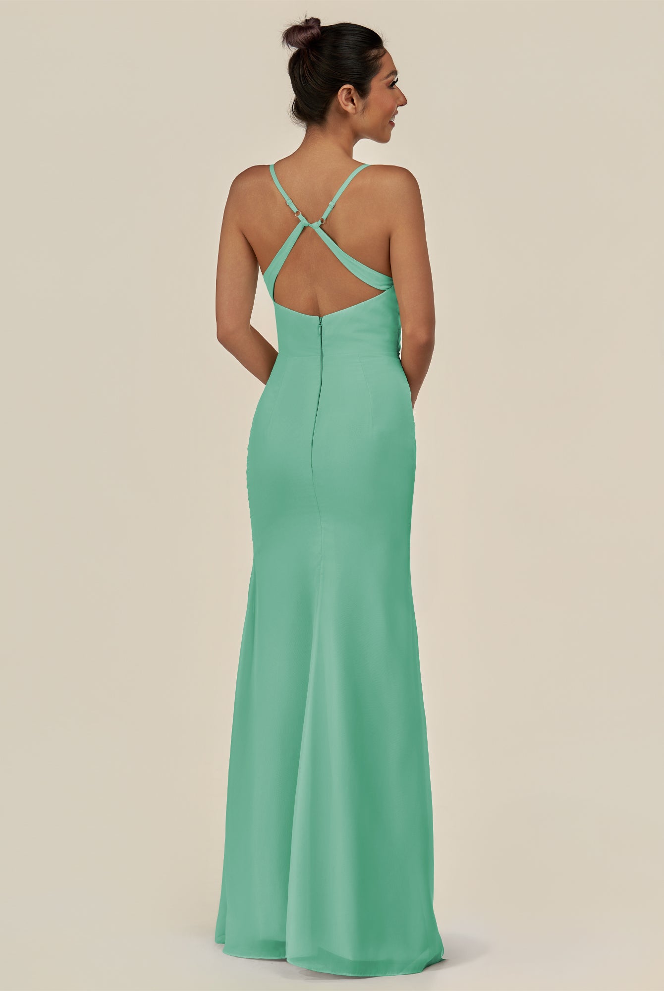 KissDress-Myka Turquoise Sheath Chiffon Spaghetti Straps Long Bridesmaid Dress with Sequins