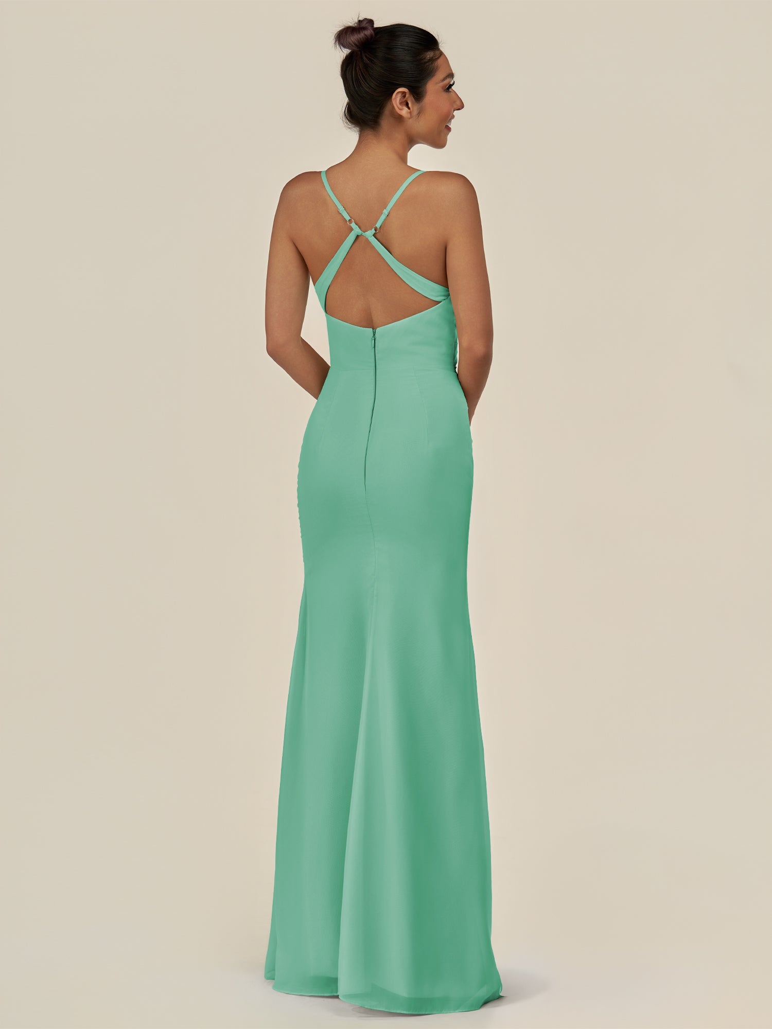 KissDress-Myka Turquoise Sheath Chiffon Spaghetti Straps Long Bridesmaid Dress with Sequins