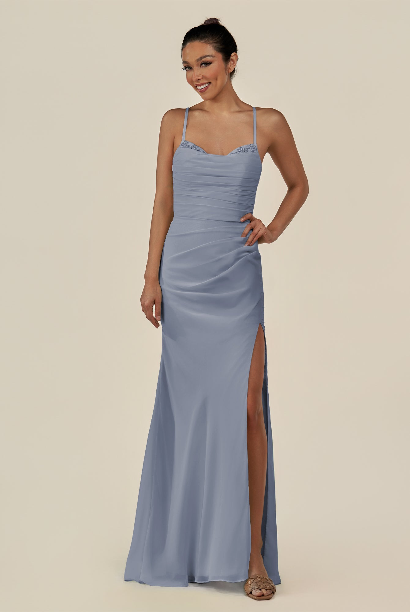 KissDress-Myka Twilight Sheath Chiffon Spaghetti Straps Long Bridesmaid Dress with Sequins