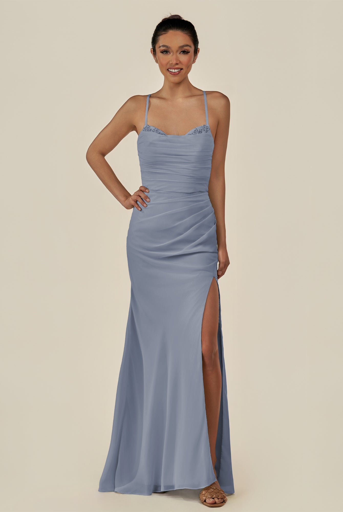KissDress-Myka Twilight Sheath Chiffon Spaghetti Straps Long Bridesmaid Dress with Sequins