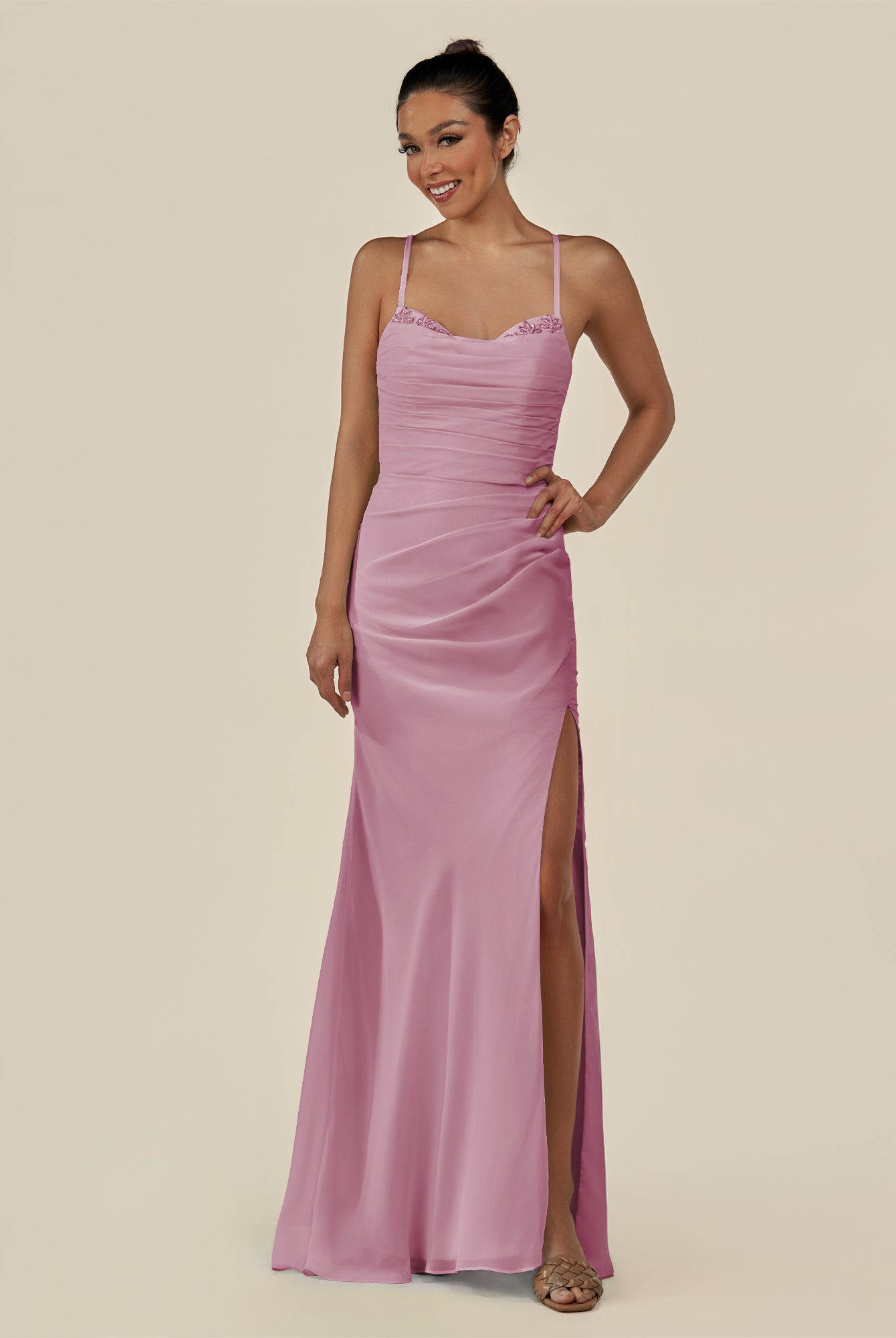 KissDress-Myka Vintage Mauve Sheath Chiffon Spaghetti Straps Long Bridesmaid Dress with Sequins