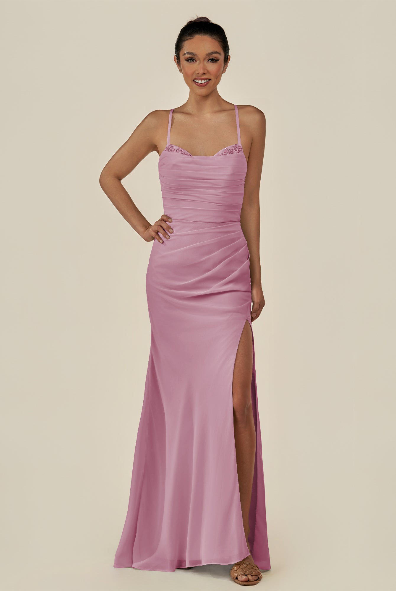 KissDress-Myka Vintage Mauve Sheath Chiffon Spaghetti Straps Long Bridesmaid Dress with Sequins