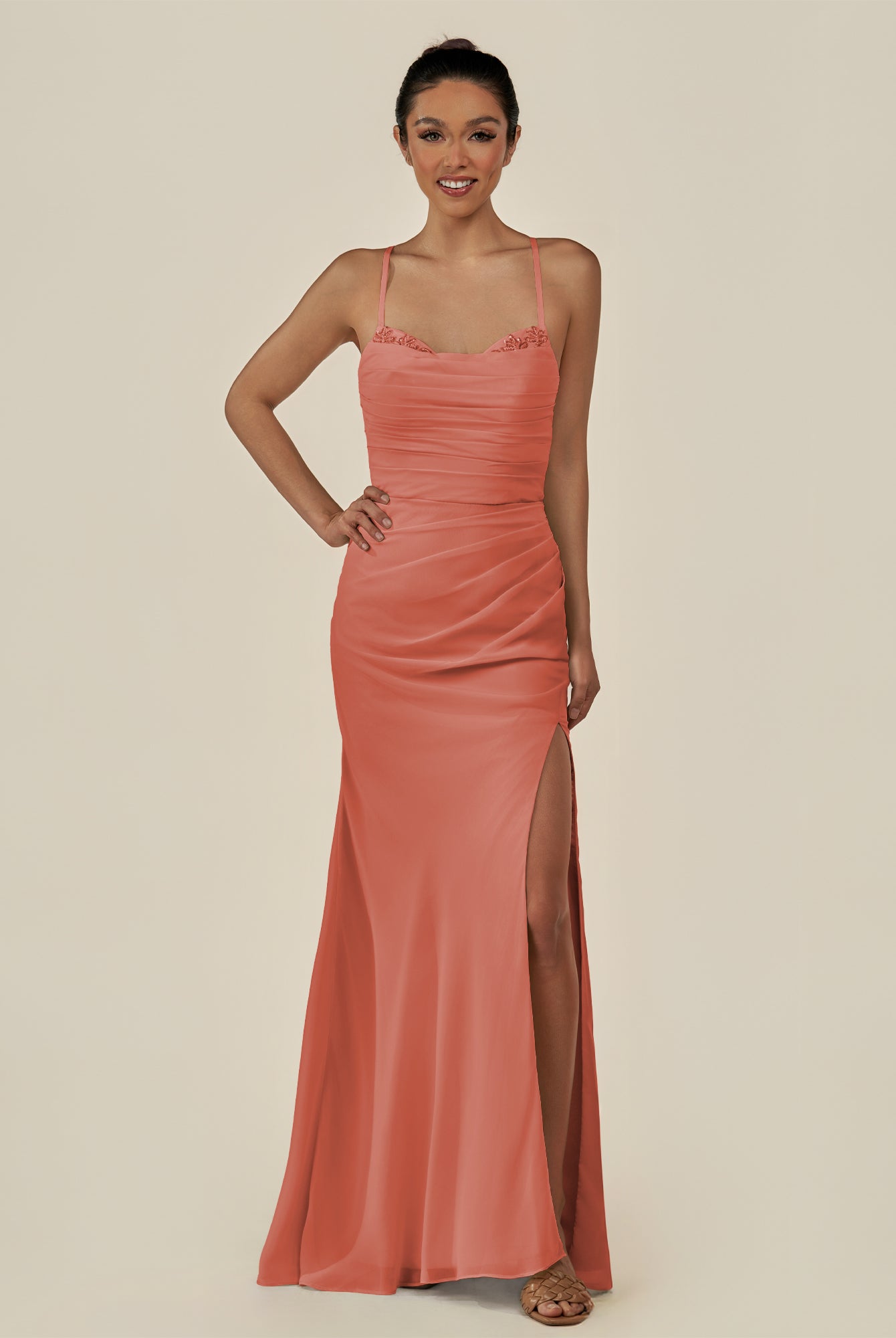 KissDress-Myka Wild Rose Sheath Chiffon Spaghetti Straps Long Bridesmaid Dress with Sequins