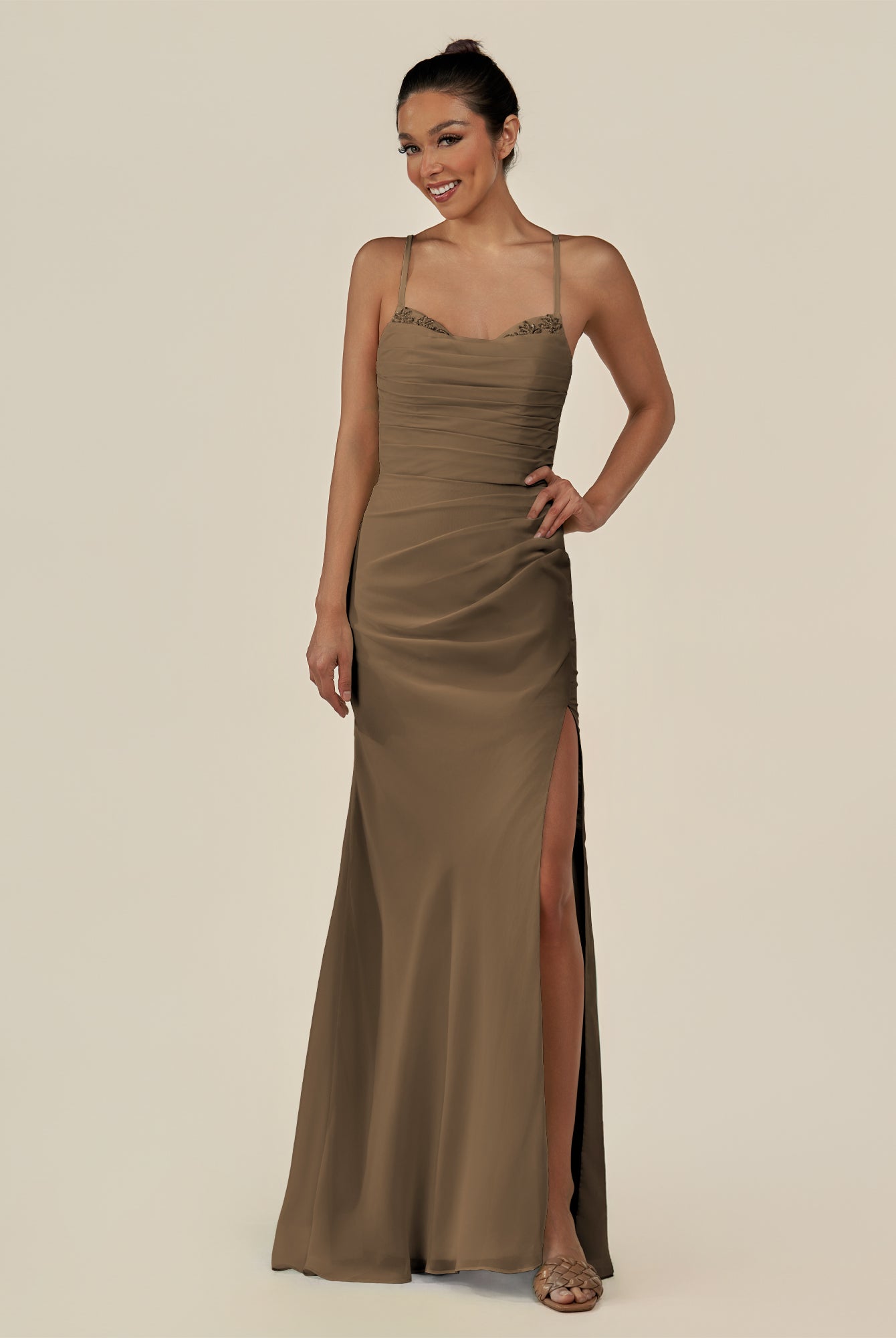KissDress-Myka Willow Green Sheath Chiffon Spaghetti Straps Long Bridesmaid Dress with Sequins