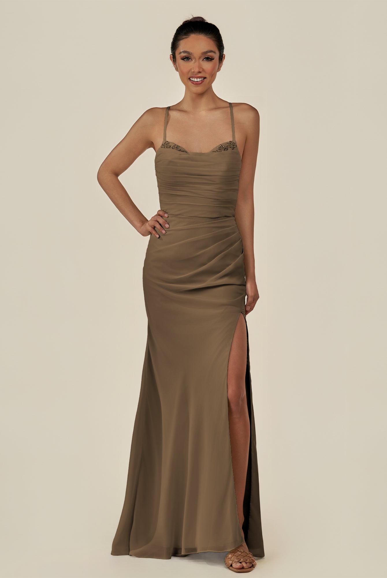 KissDress-Myka Willow Green Sheath Chiffon Spaghetti Straps Long Bridesmaid Dress with Sequins
