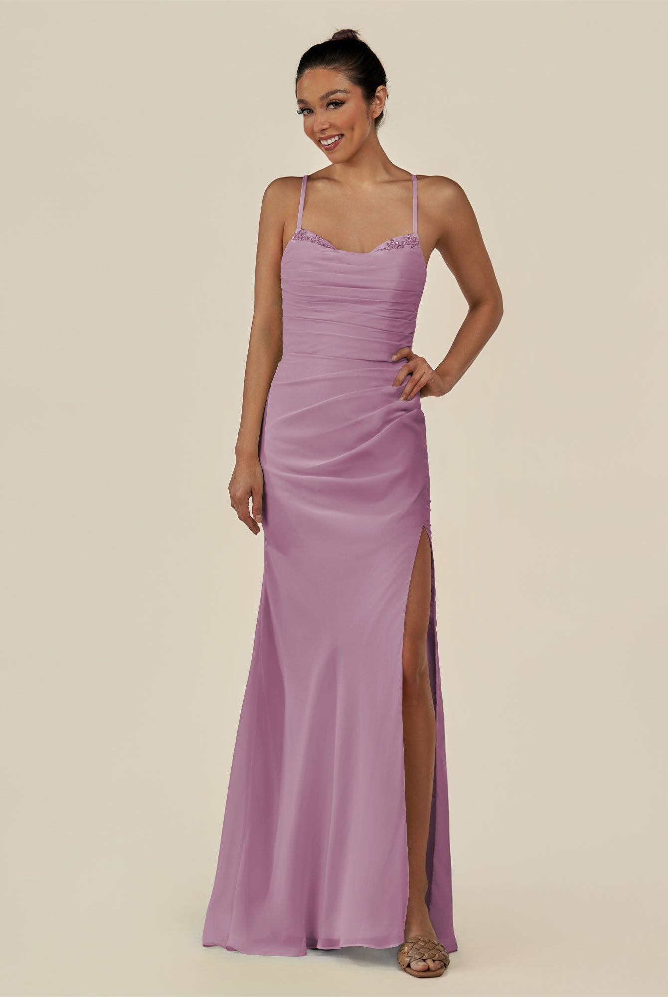 KissDress-Myka Wisteria Sheath Chiffon Spaghetti Straps Long Bridesmaid Dress with Sequins