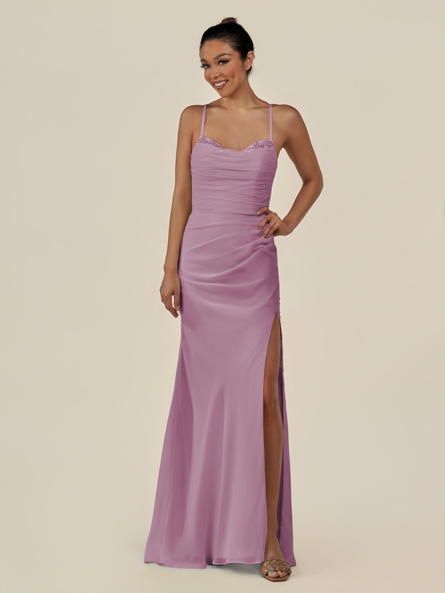 KissDress-Myka Wisteria Sheath Chiffon Spaghetti Straps Long Bridesmaid Dress with Sequins