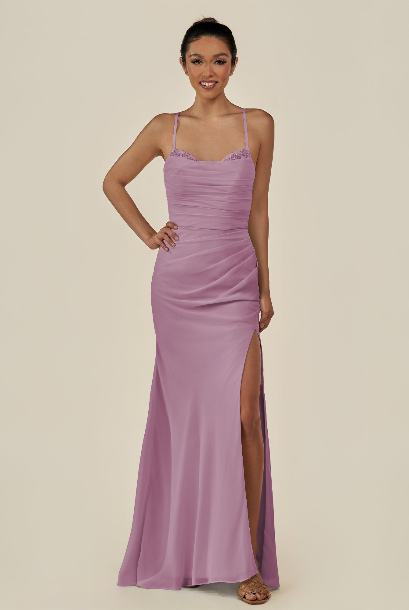 KissDress-Myka Wisteria Sheath Chiffon Spaghetti Straps Long Bridesmaid Dress with Sequins