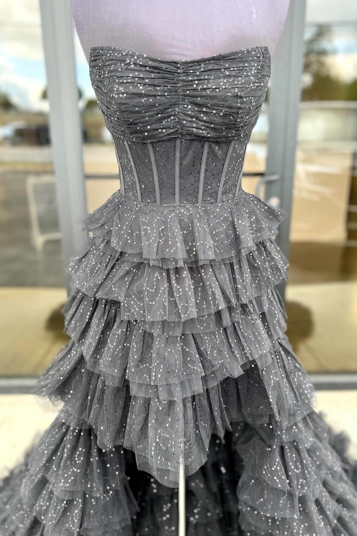 Black Strapless High Low Ruffles Tulle Prom Dress