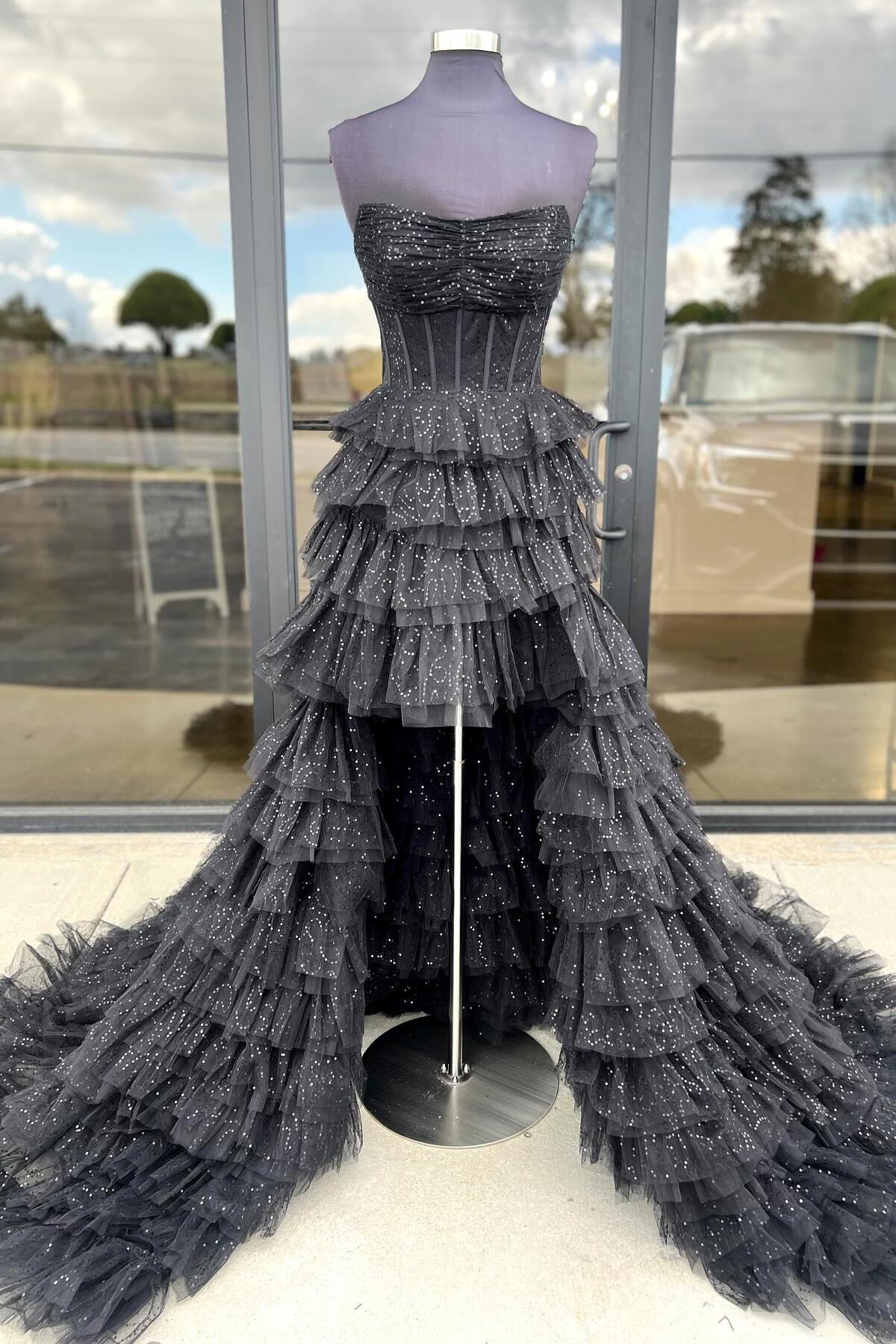 Black Strapless High Low Ruffles Tulle Prom Dress
