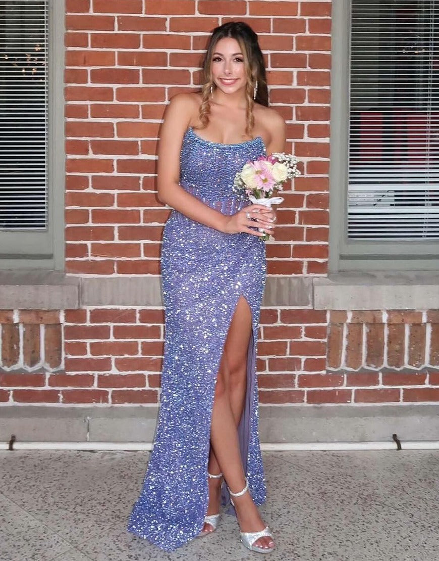 Strapless Mermaid Long Sequins Prom Dress With Split