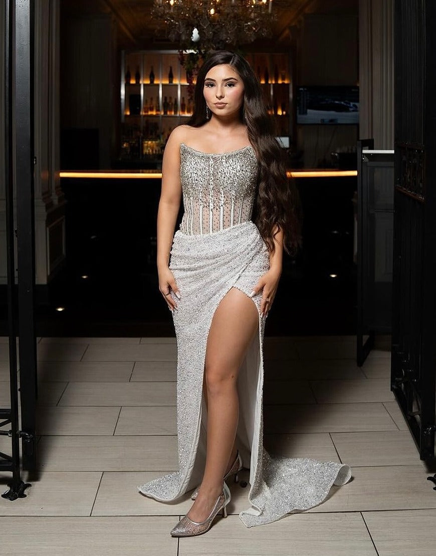 Strapless Mermaid Long Sequins Prom Dress With Split