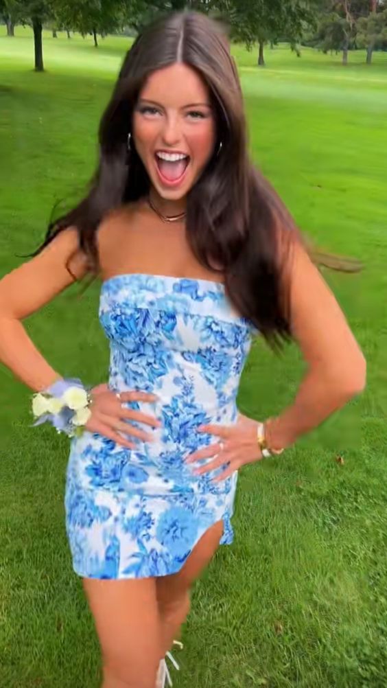 Strapless Floral Print Homecoming Dress With Split