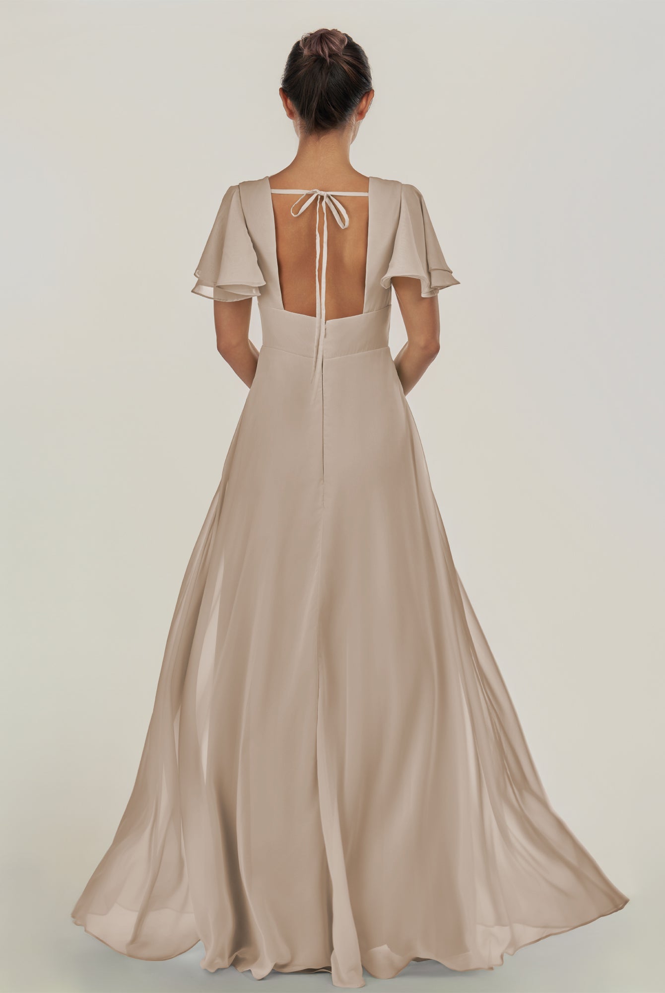 KissDress-Nira Almond A Line Chiffon Cap Sleeves V Neck Long Bridesmaid Dress with Slit