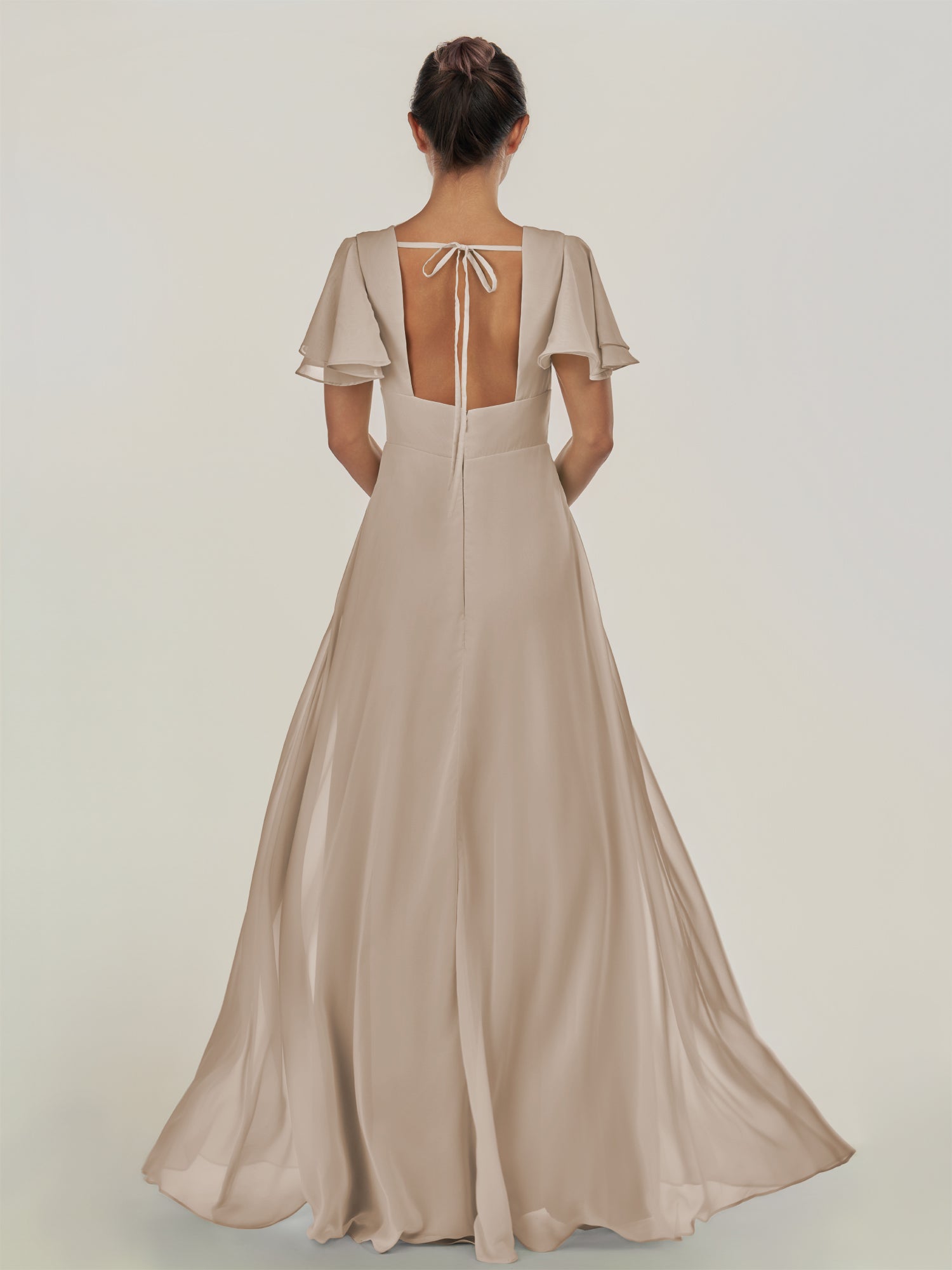 KissDress-Nira Almond A Line Chiffon Cap Sleeves V Neck Long Bridesmaid Dress with Slit