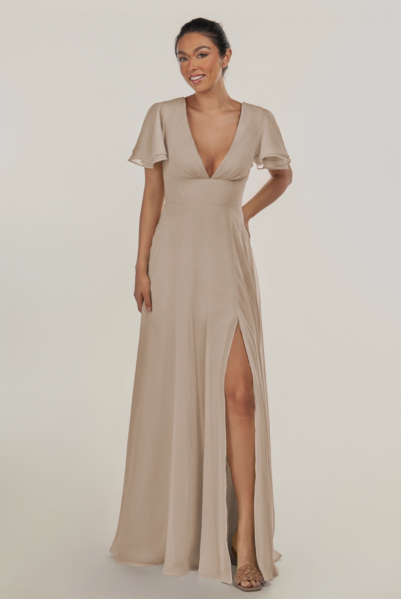 KissDress-Nira Almond A Line Chiffon Cap Sleeves V Neck Long Bridesmaid Dress with Slit