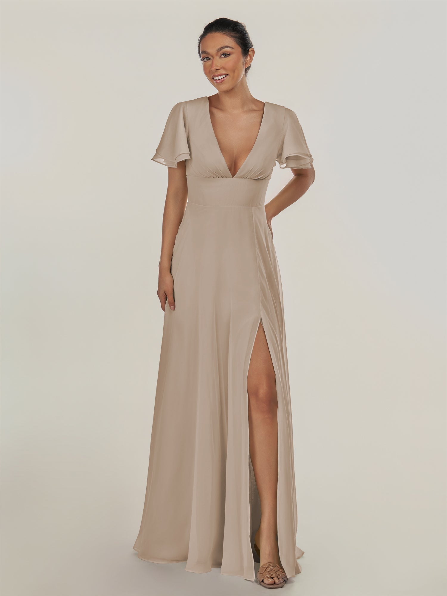 KissDress-Nira Almond A Line Chiffon Cap Sleeves V Neck Long Bridesmaid Dress with Slit