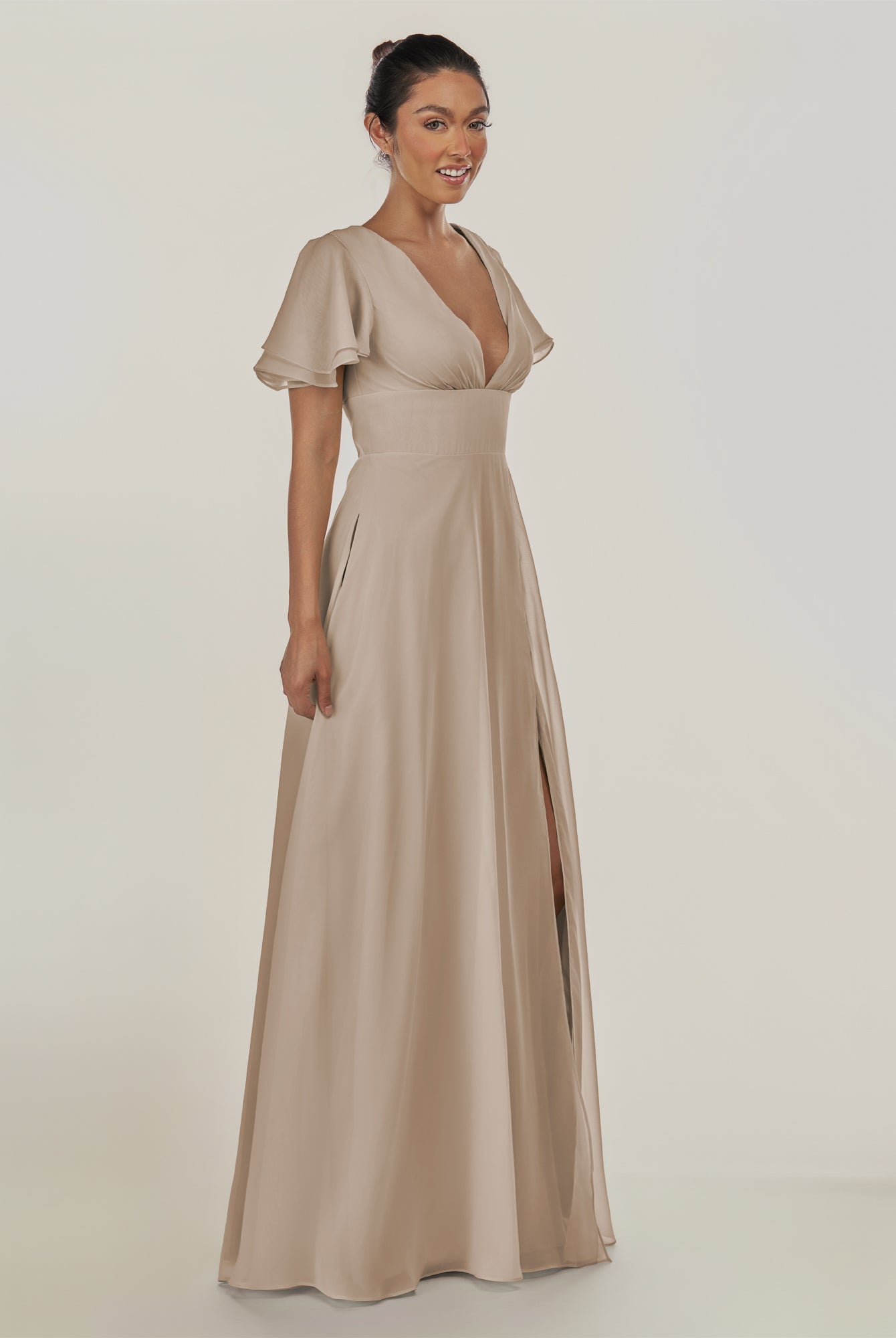 KissDress-Nira Almond A Line Chiffon Cap Sleeves V Neck Long Bridesmaid Dress with Slit