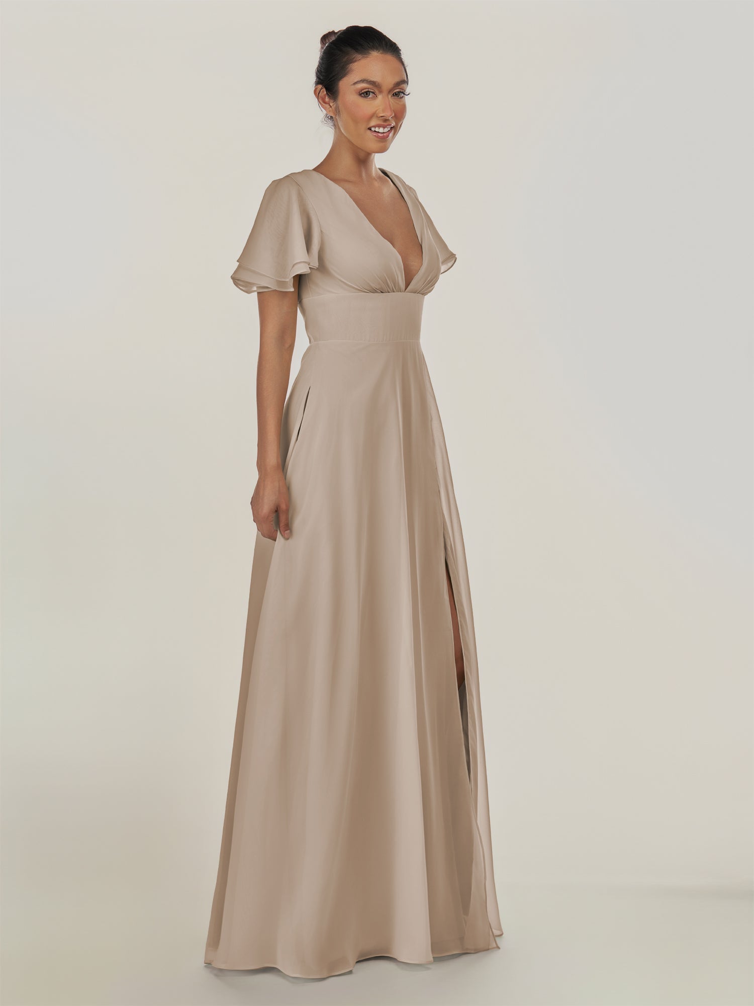 KissDress-Nira Almond A Line Chiffon Cap Sleeves V Neck Long Bridesmaid Dress with Slit