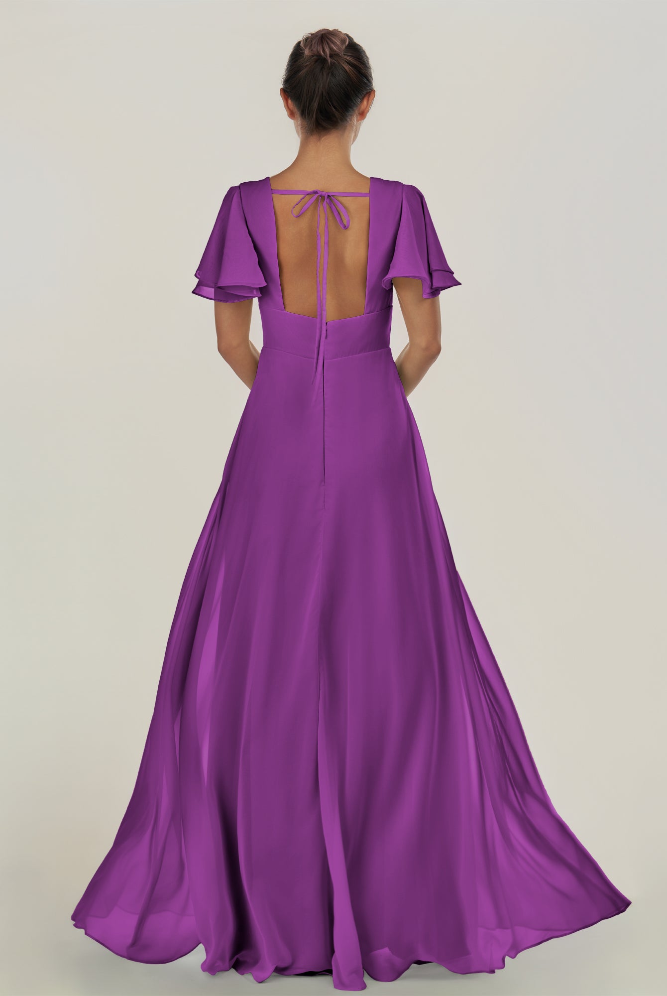 KissDress-Nira Amethyst A Line Chiffon Cap Sleeves V Neck Long Bridesmaid Dress with Slit