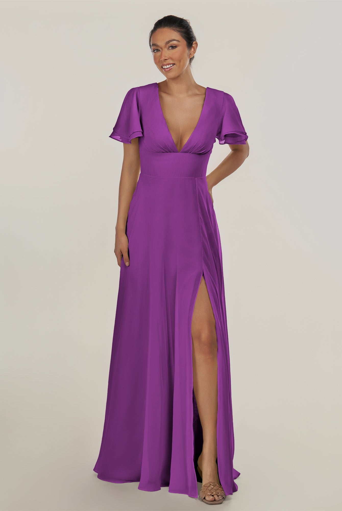 KissDress-Nira Amethyst A Line Chiffon Cap Sleeves V Neck Long Bridesmaid Dress with Slit