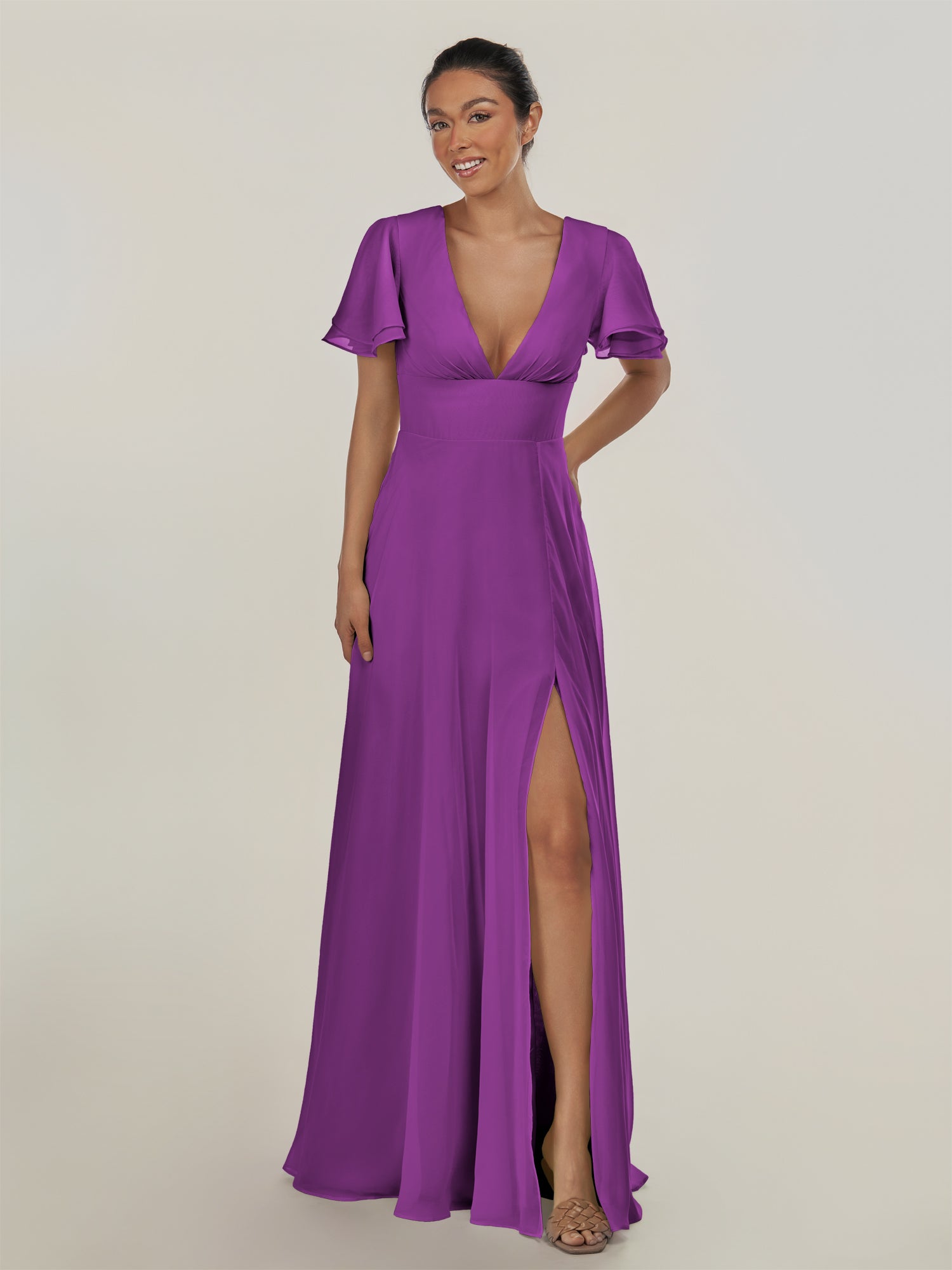 KissDress-Nira Amethyst A Line Chiffon Cap Sleeves V Neck Long Bridesmaid Dress with Slit