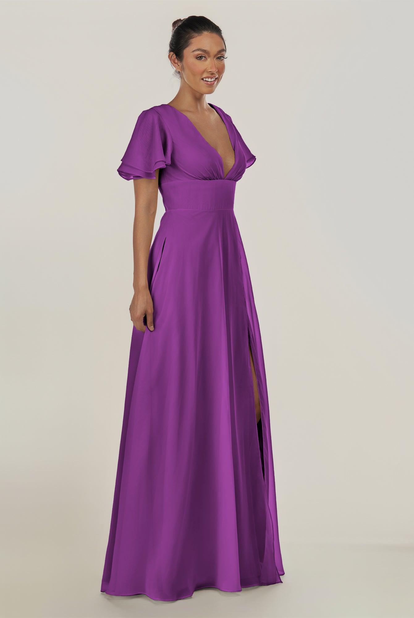 KissDress-Nira Amethyst A Line Chiffon Cap Sleeves V Neck Long Bridesmaid Dress with Slit