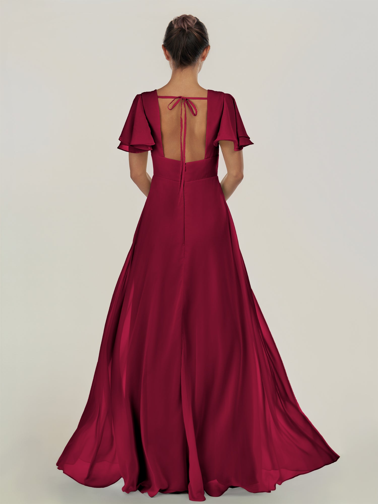 KissDress-Nira Berry A Line Chiffon Cap Sleeves V Neck Long Bridesmaid Dress with Slit